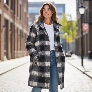 Max Studio Plaid Brushed Wool-Blend Coat
Size M | Black, Gray & White Plaid